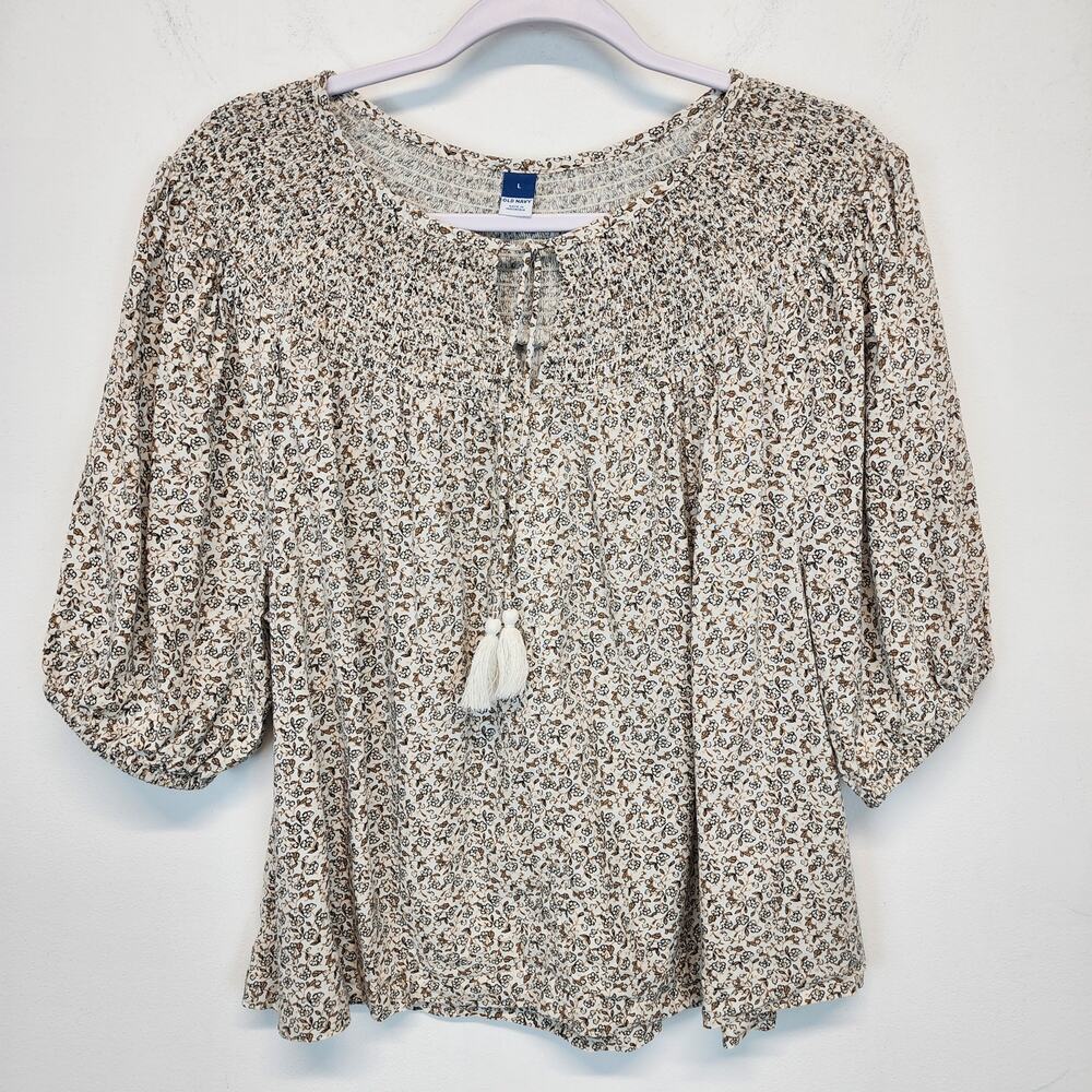 Old Navy Peasant Top Blouse Size L Ditsy Floral Tassel Smocked Balloon Sleeve